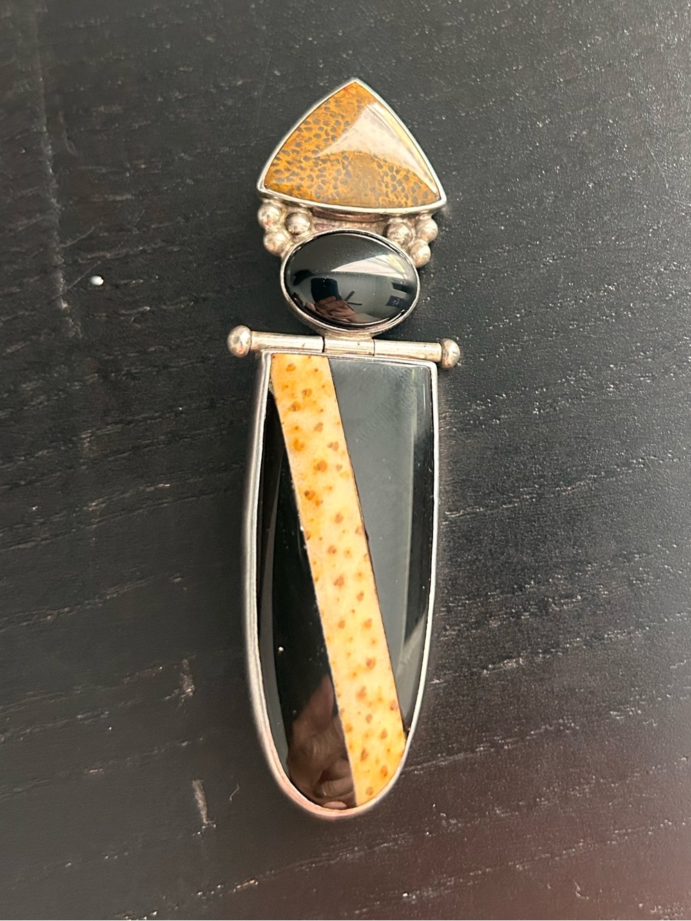 DARLA NORDSTROM Sterling Silver Black and Amber Inlay Pendant Brooch Pin Combo